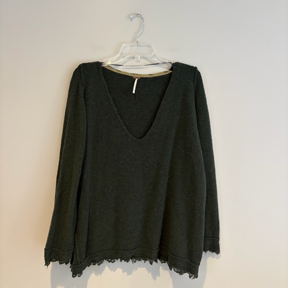 Free People Deep V-Neck Pullover Sweater in Dark Green